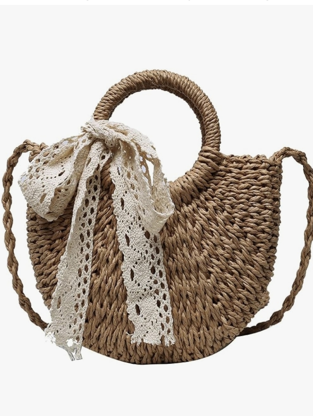 Woven Straw Circle Tote with Lace Bow